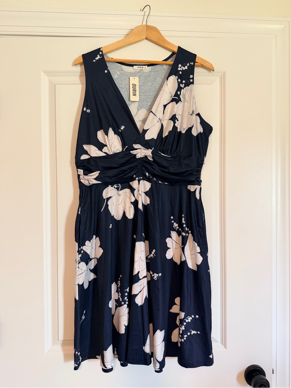 Navy and White Floral V-Neck Midi Dress